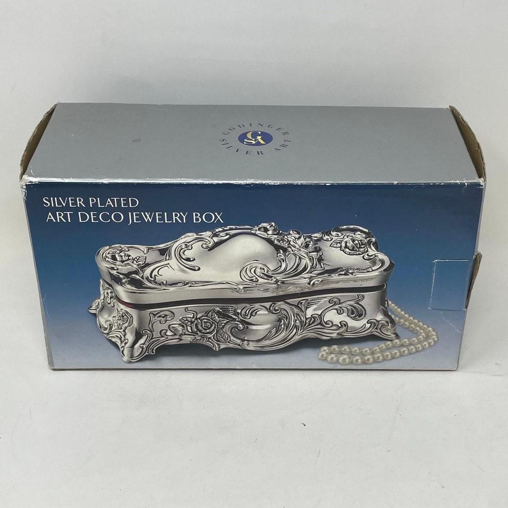 Godinger Silver Art Co Silver Plated Art Deco Jewelry Box Ornate Floral 9927 NIB